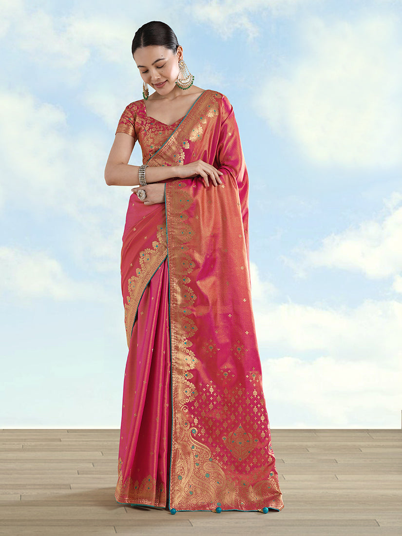 Monjolika Fashion Red Color Paisley Zari Woven Banarasi Tissue Silk Saree - Distacart