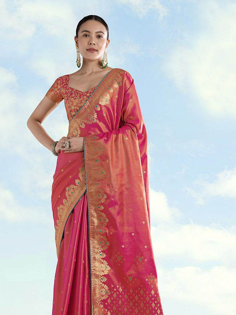 Monjolika Fashion Red Color Paisley Zari Woven Banarasi Tissue Silk Saree - Distacart