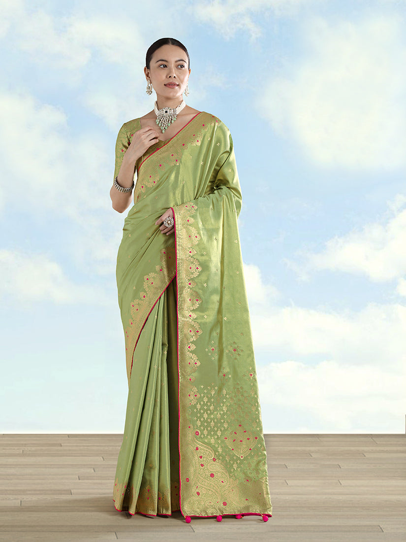 Monjolika Fashion Parrot Green Color Paisley Zari Woven Banarasi Tissue Silk Saree - Distacart