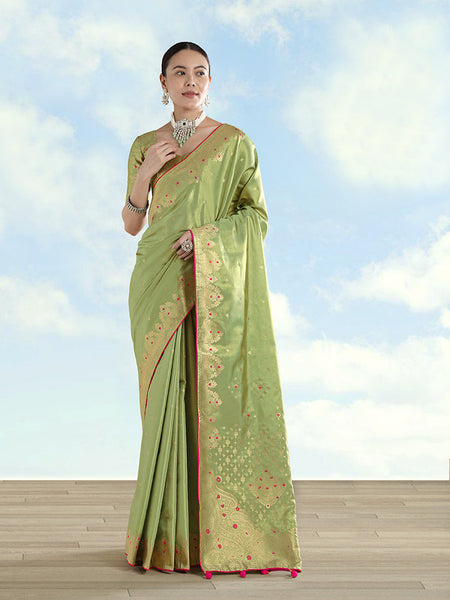 Monjolika Fashion Parrot Green Color Paisley Zari Woven Banarasi Tissue Silk Saree