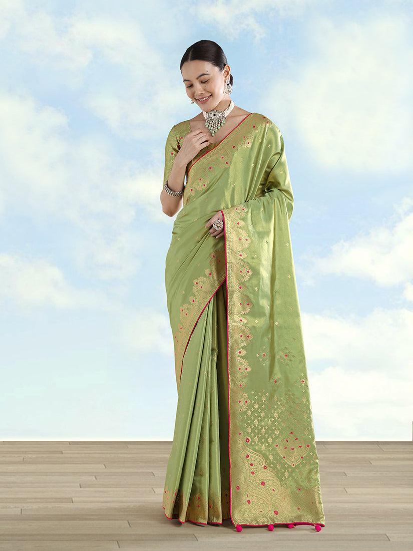 Monjolika Fashion Parrot Green Color Paisley Zari Woven Banarasi Tissue Silk Saree - Distacart