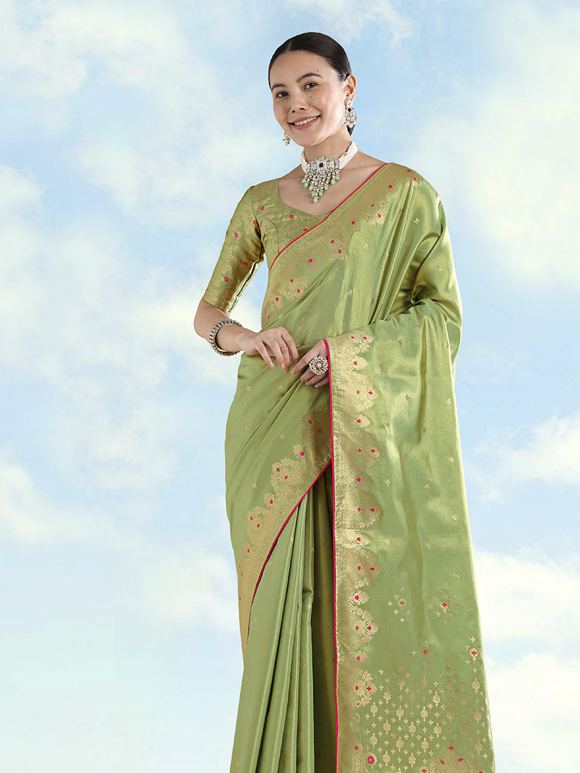 Monjolika Fashion Parrot Green Color Paisley Zari Woven Banarasi Tissue Silk Saree - Distacart