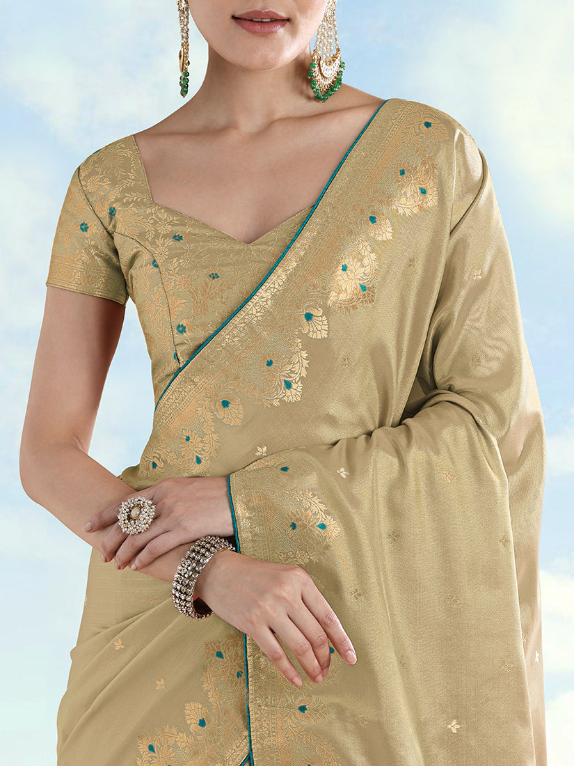 Monjolika Fashion Cream Color Paisley Zari Woven Banarasi Tissue Silk Saree - Distacart
