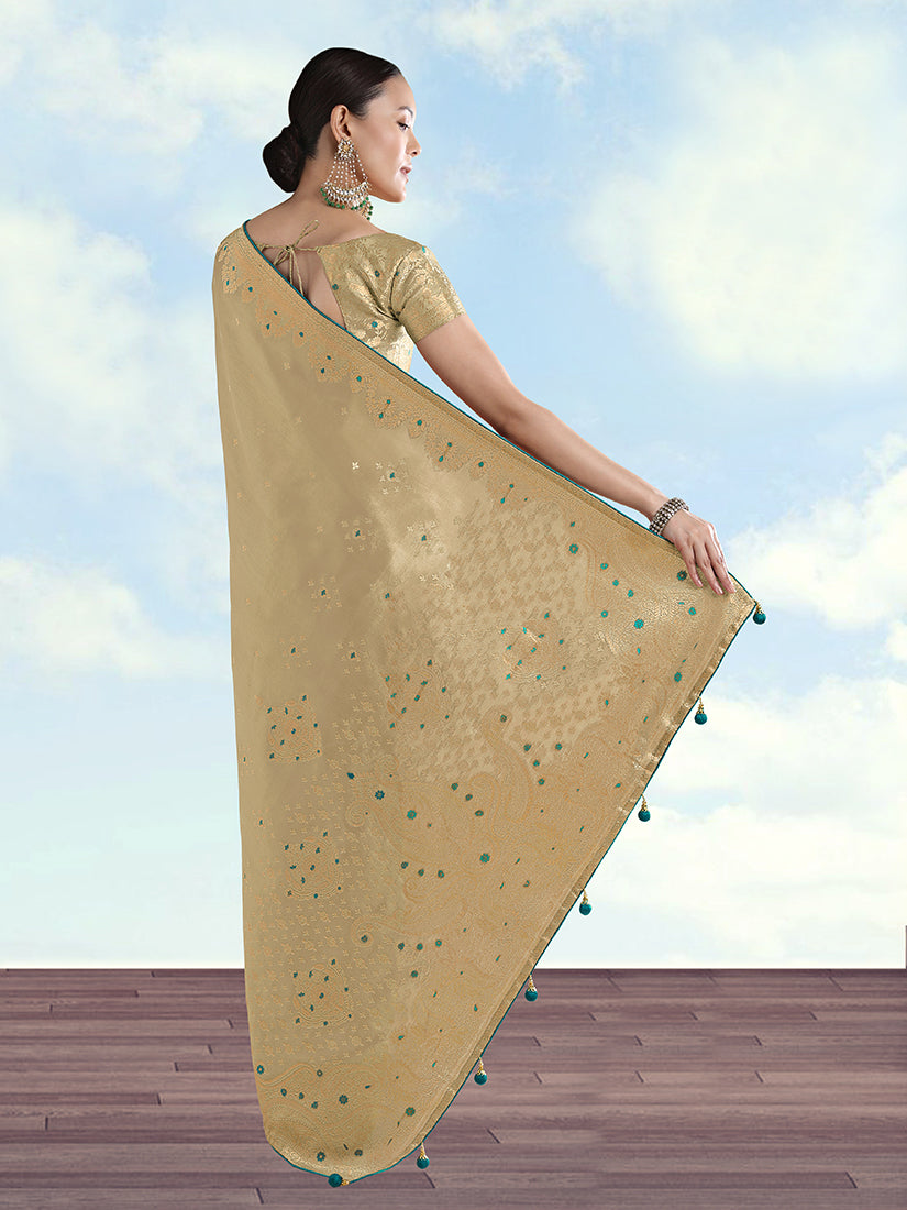 Monjolika Fashion Cream Color Paisley Zari Woven Banarasi Tissue Silk Saree - Distacart