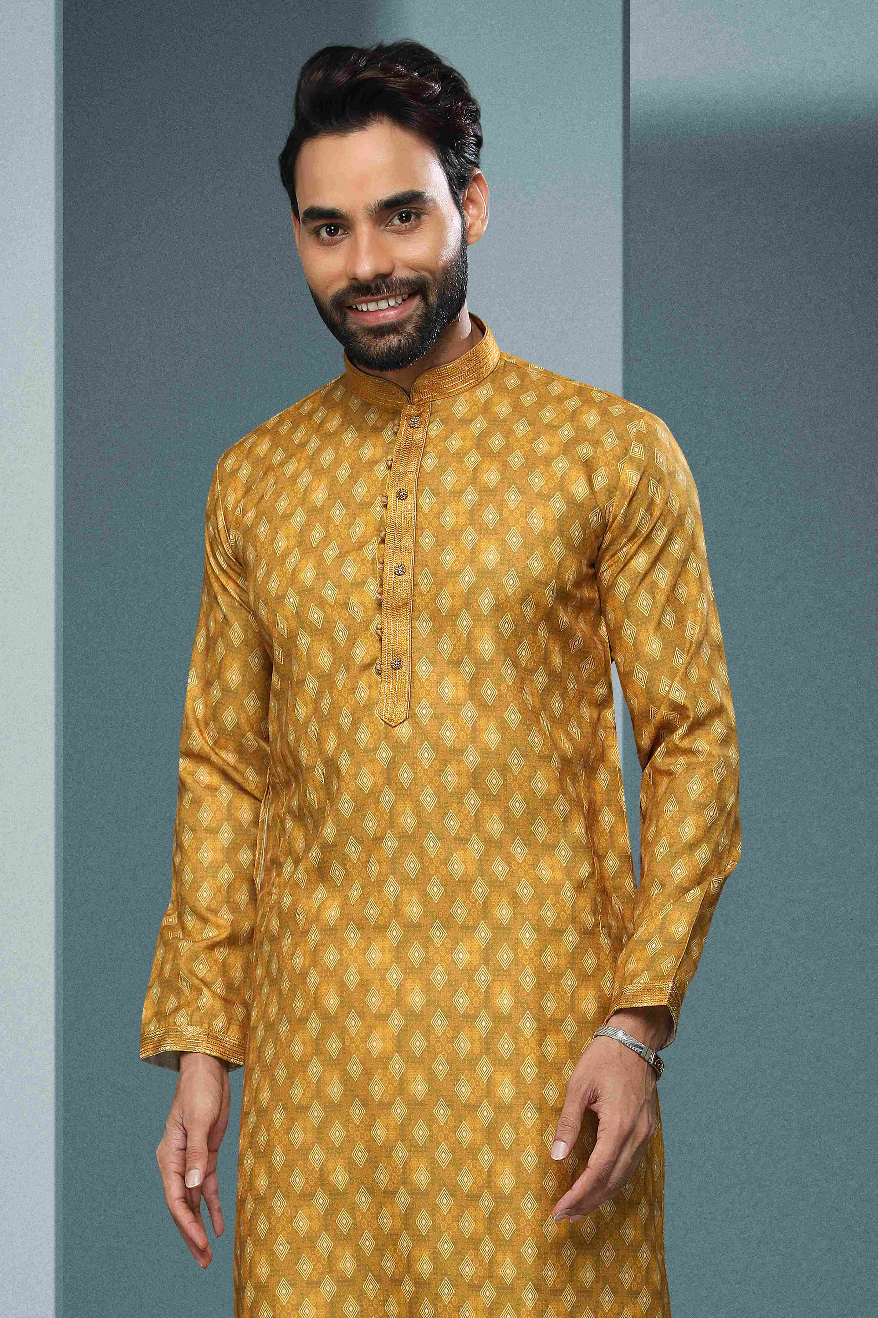 Raivat Ethnic Cotton Digital Print Pintux Work Kurta Pajama In Yellow Colour