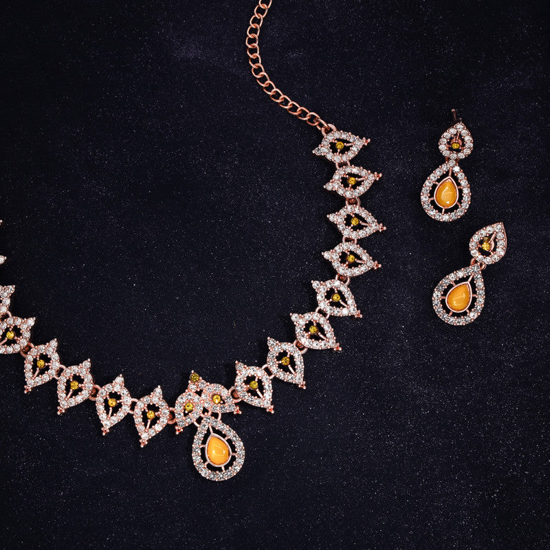 Tehzeeb Creations Yellow Colour Ad Studded Necklace Jewellery Set With Matching Earrings For Women And Girls