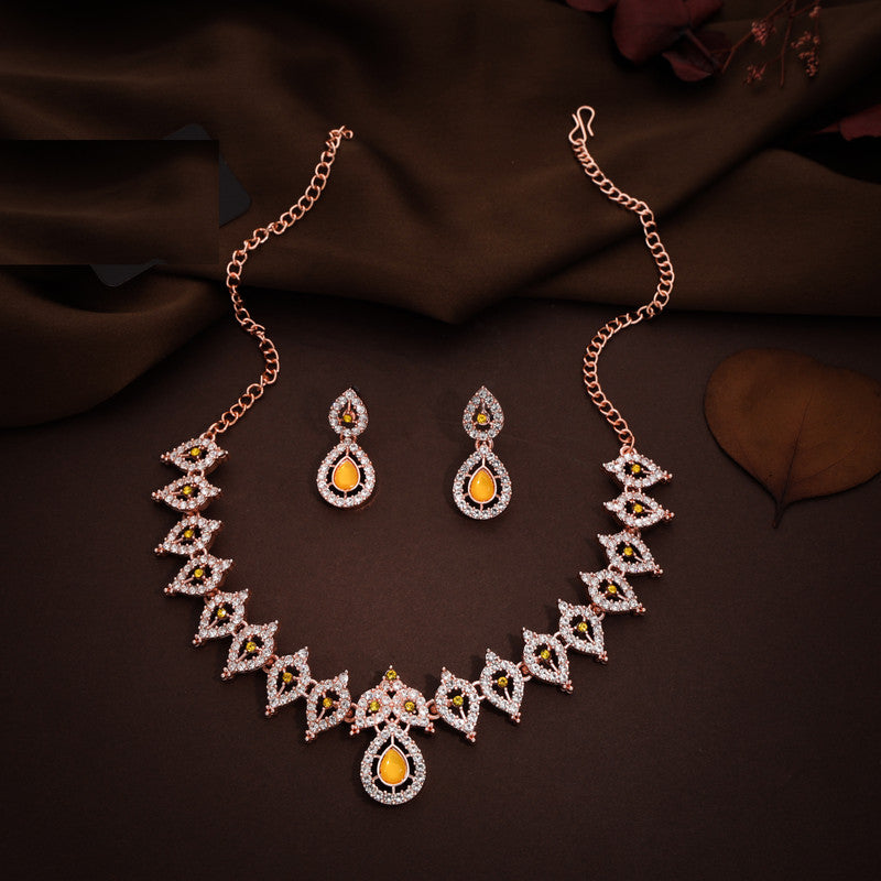 Tehzeeb Creations Yellow Colour Ad Studded Necklace Jewellery Set With Matching Earrings For Women And Girls