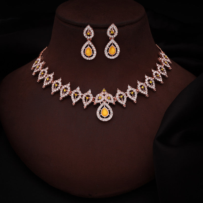 Tehzeeb Creations Yellow Colour Ad Studded Necklace Jewellery Set With Matching Earrings For Women And Girls