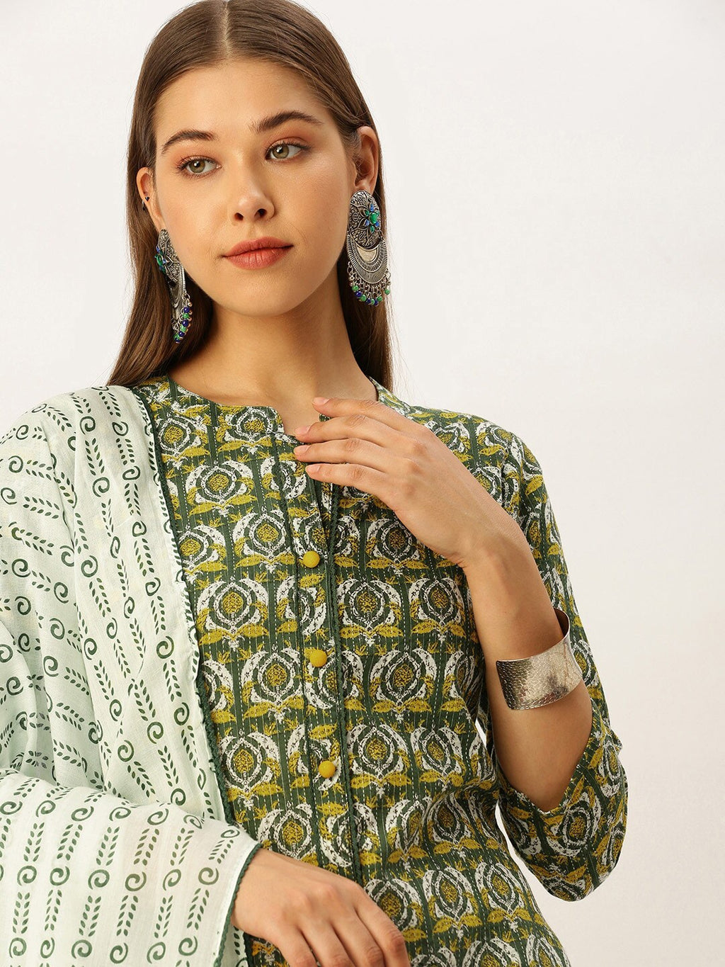HERE&NOW Women Ethnic Motifs Printed Empire Pure Cotton Kurta with Palazzos & With Dupatta