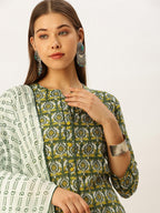 HERE&NOW Women Ethnic Motifs Printed Empire Pure Cotton Kurta with Palazzos & With Dupatta