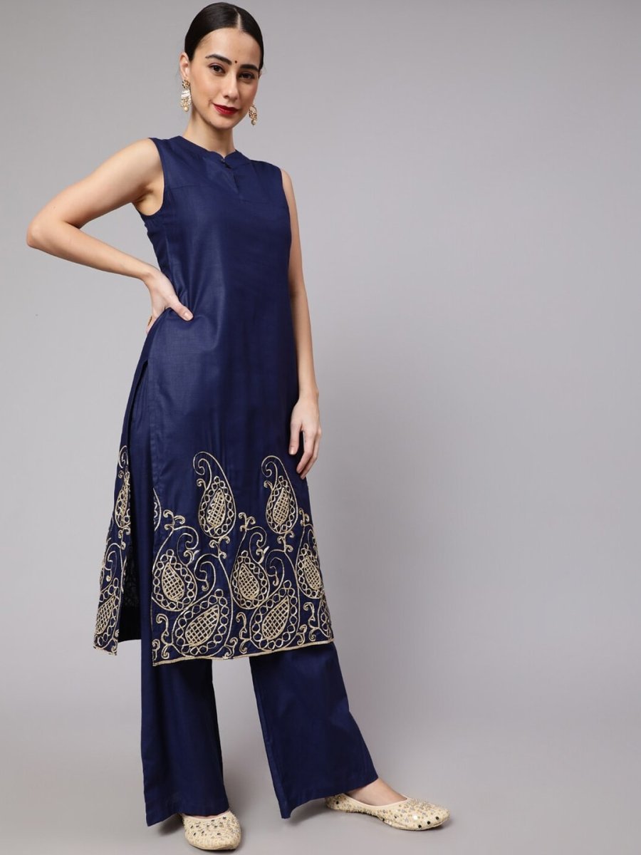 Aks Paisley Embroidered Band Collar Kurta with Palazzos