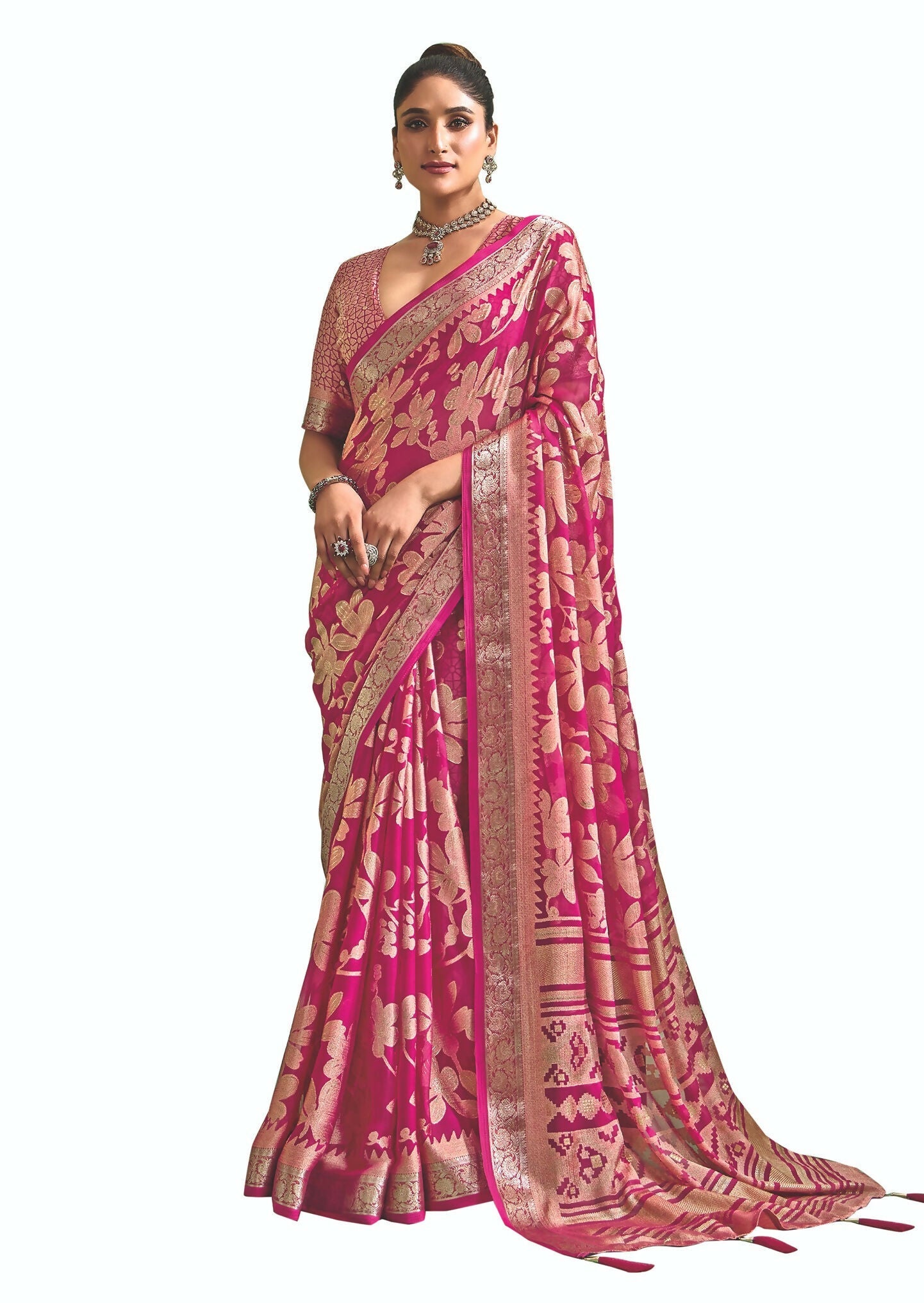 Joban Fashion Pinkdull Moss Brasso With Kasab Zari Border Saree & Tassels With Brasso Blouse - Distacart