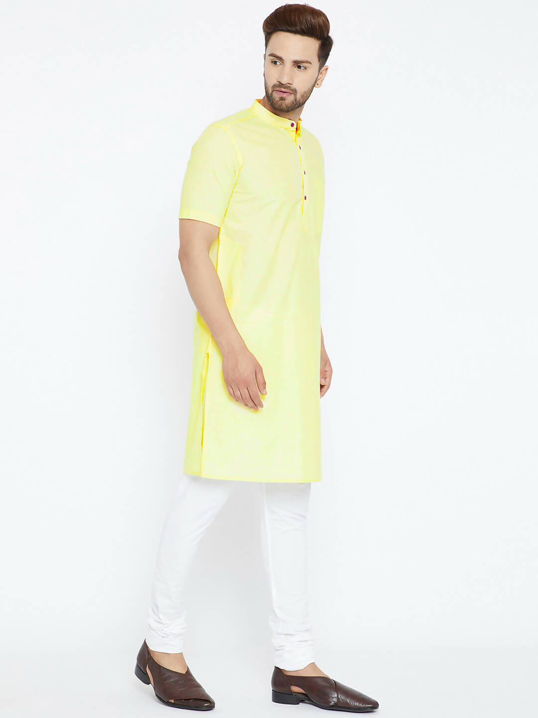 Even Apparels Yellow Color Pure Cotton Men's Kurta With Band Collar - Distacart