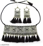 Tehzeeb Creations Women's Silver Colour Oxidised Necklace And Earrings With Black Yarn Design