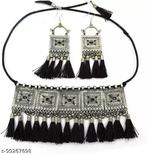 Tehzeeb Creations Women's Silver Colour Oxidised Necklace And Earrings With Black Yarn Design