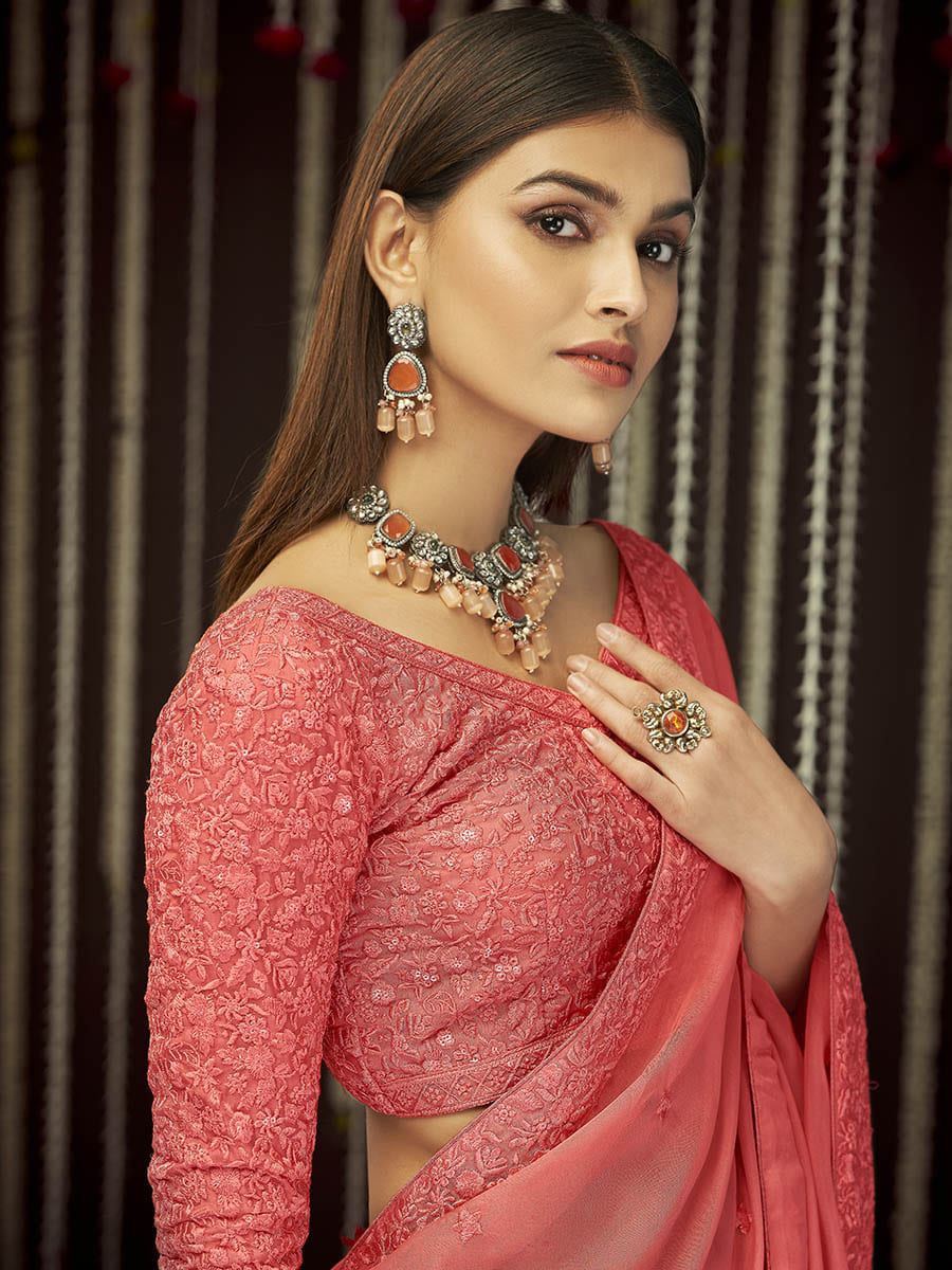Myra Peach Organza Heavy Embroidered Saree - Distacart