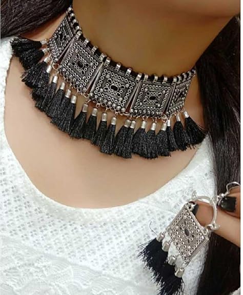 Tehzeeb Creations Women's Silver Colour Oxidised Necklace And Earrings With Black Yarn Design