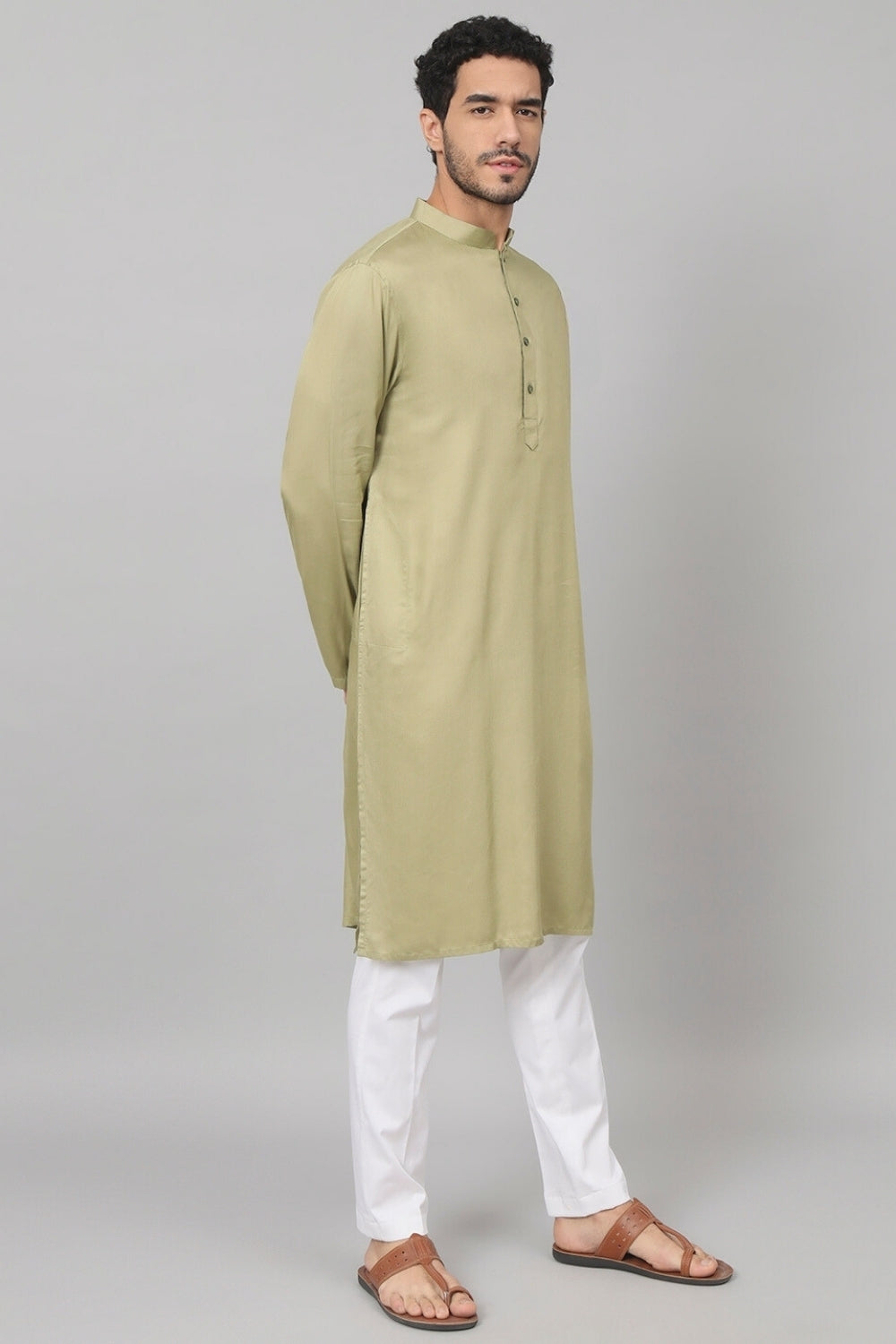 Giza Cotton Olive Green Plain Kurta by Hilo Design