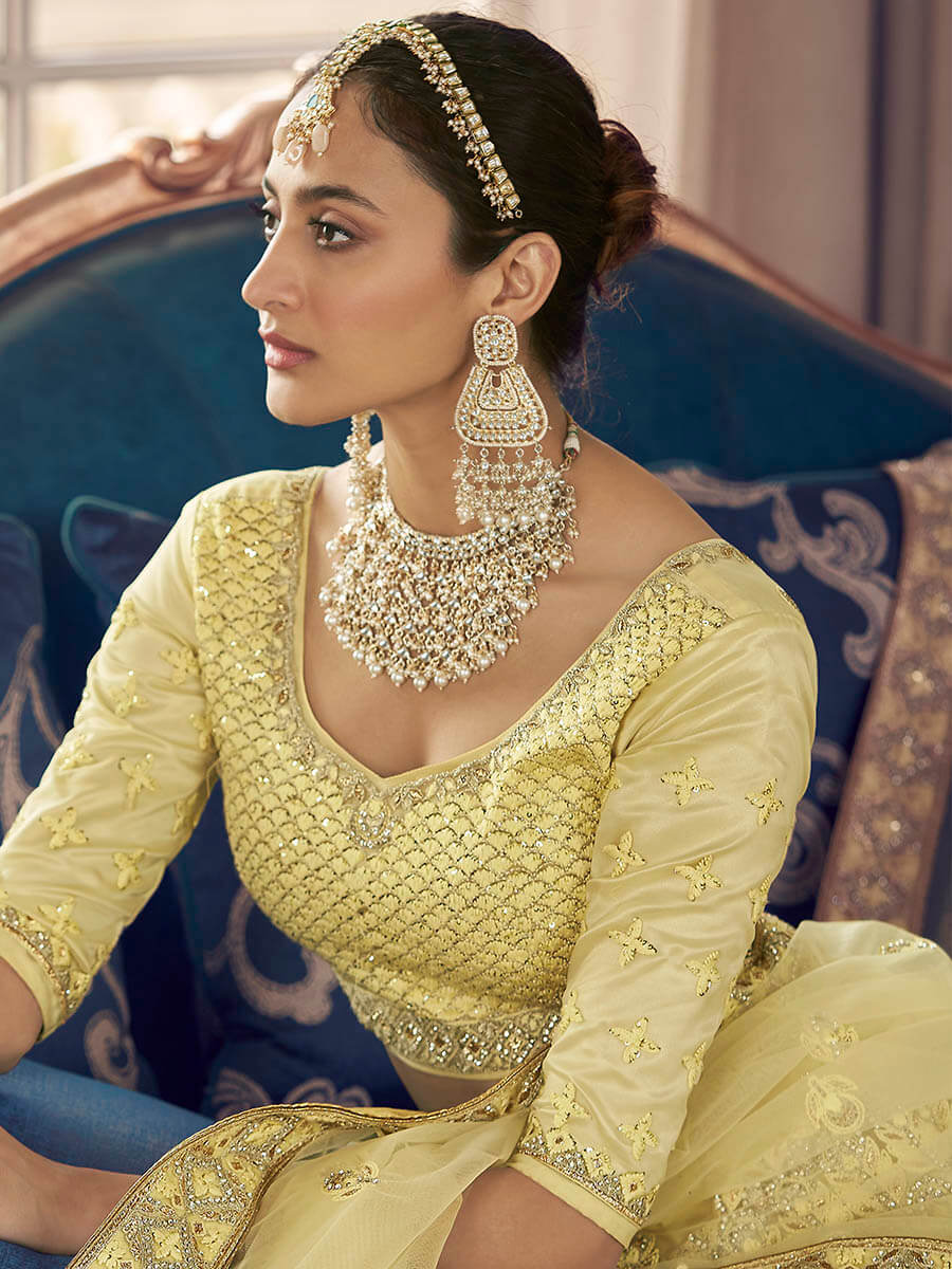Myra Lime Yellow Crepe Embroidered Lehenga