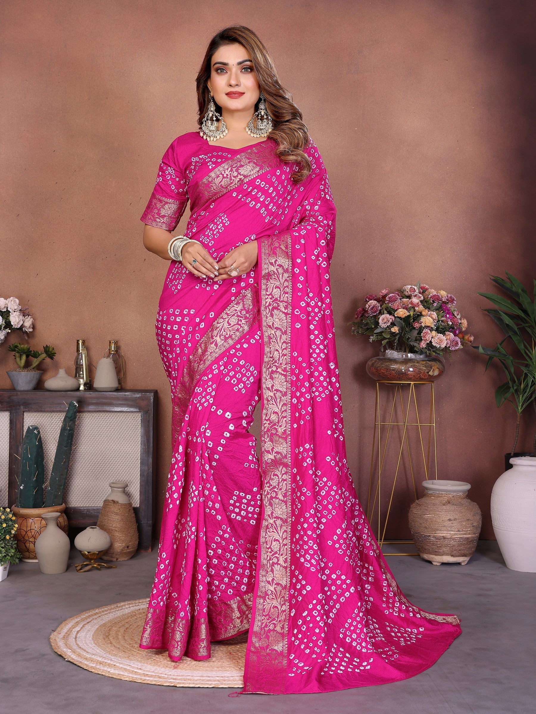 Anaita Pink Handmade Bandhej Viscose Silk Saree With Blouse - Distacart