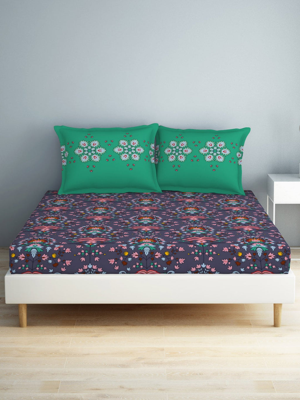 SPACES Aurum Blue Ethnic Motifs Pure Cotton140 TC Queen Bedsheet with 2 Pillow Covers