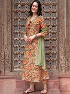 Sangria Orange Printed Gotta Patti Detail Pure Cotton A-Line Kurta With Trousers & Dupatta