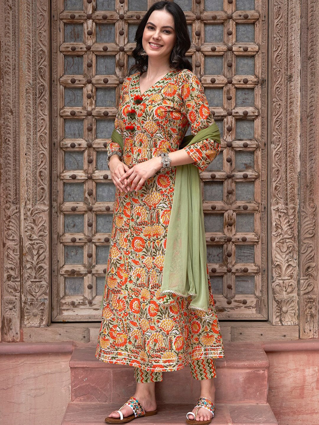 Sangria Orange Printed Gotta Patti Detail Pure Cotton A-Line Kurta With Trousers & Dupatta