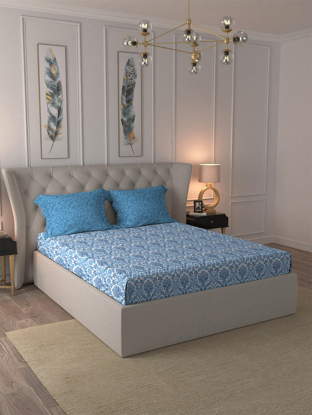 MYTRIDENT Blue White Ethnic Motifs Pure Cotton 120 TC Queen Bedsheet With 2 Pillow Covers