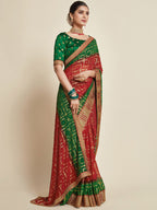 Sangria Red & Green Woven Design Zari Poly Georgette Bandhani Saree - Distacart