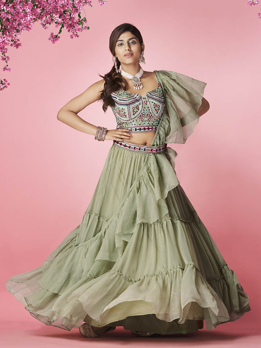 Myra Olive Green Art Silk Designer Lehenga