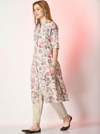 Sangria Off White Floral Printed Mandarin Collar Cotton A-Line Kurta - Distacart