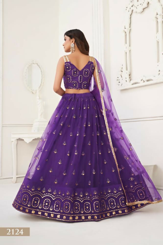 Aastha Fashion Purple Butterfly Net Tone To Tone Thread Work And Sandwich Sequence Work Embroidery Wedding Wear Lehenga Choli