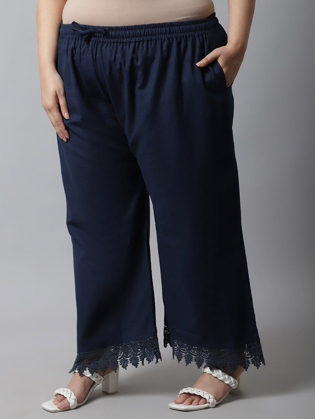 TAG 7 Women Navy Blue Linen Plus Size Lace Ethnic Palazzos