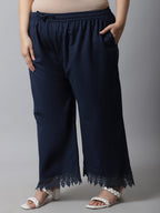 TAG 7 Women Navy Blue Linen Plus Size Lace Ethnic Palazzos