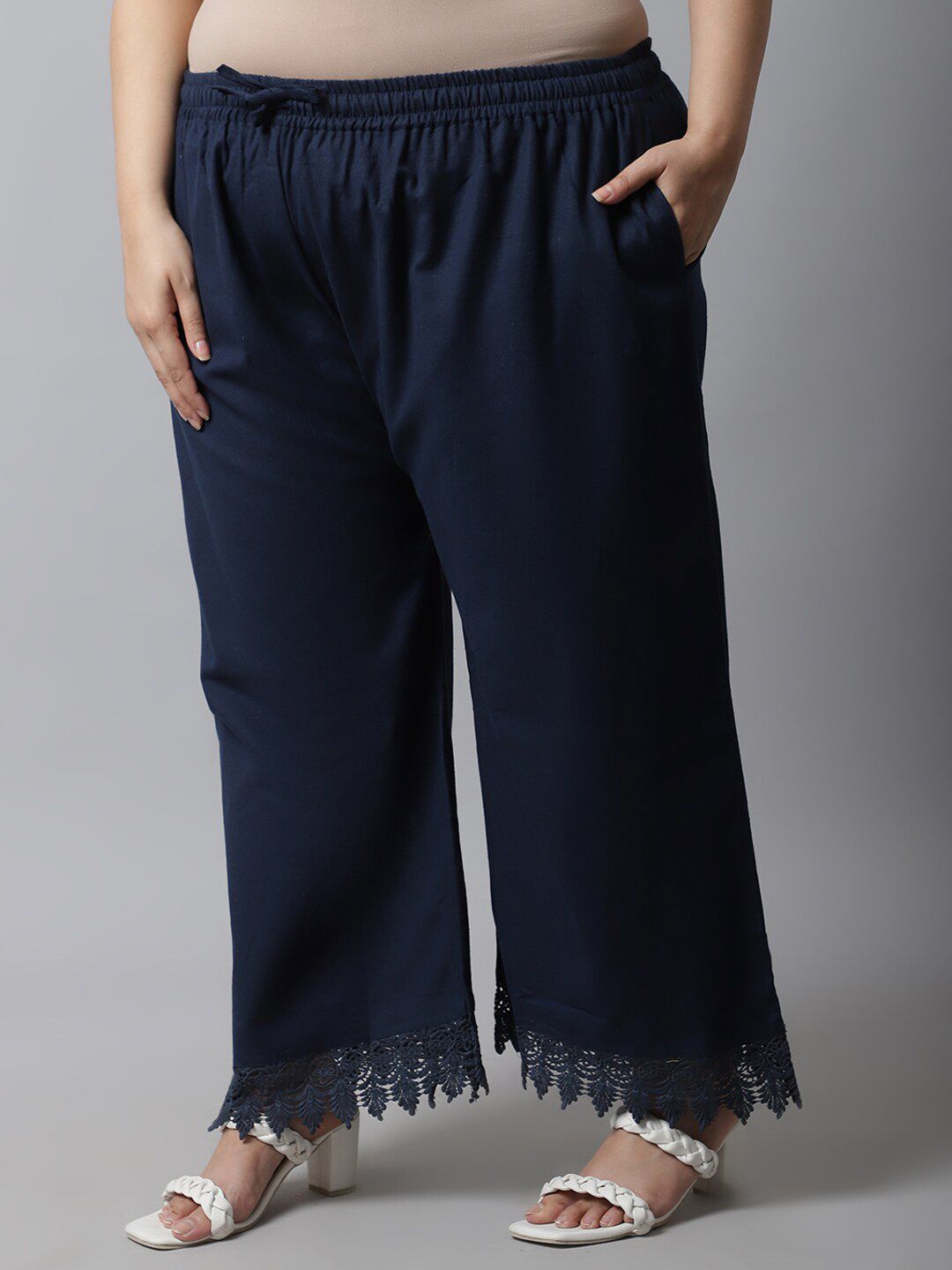 TAG 7 Women Navy Blue Linen Plus Size Lace Ethnic Palazzos