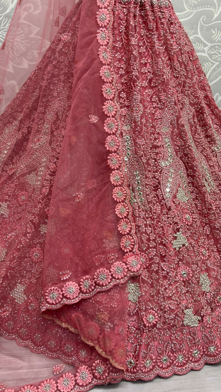 Jyoti Fashion Women's Pink Bridal Net Fancy Dori, Multi Thread, Hand Mirror and Diamond Work Wedding Lehenga Choli