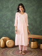 The52 Baby pink Women's Gorgeous Cotton Blend Fabric Thread Work Straight Kurta, Pant and Dupatta Set - Distacart