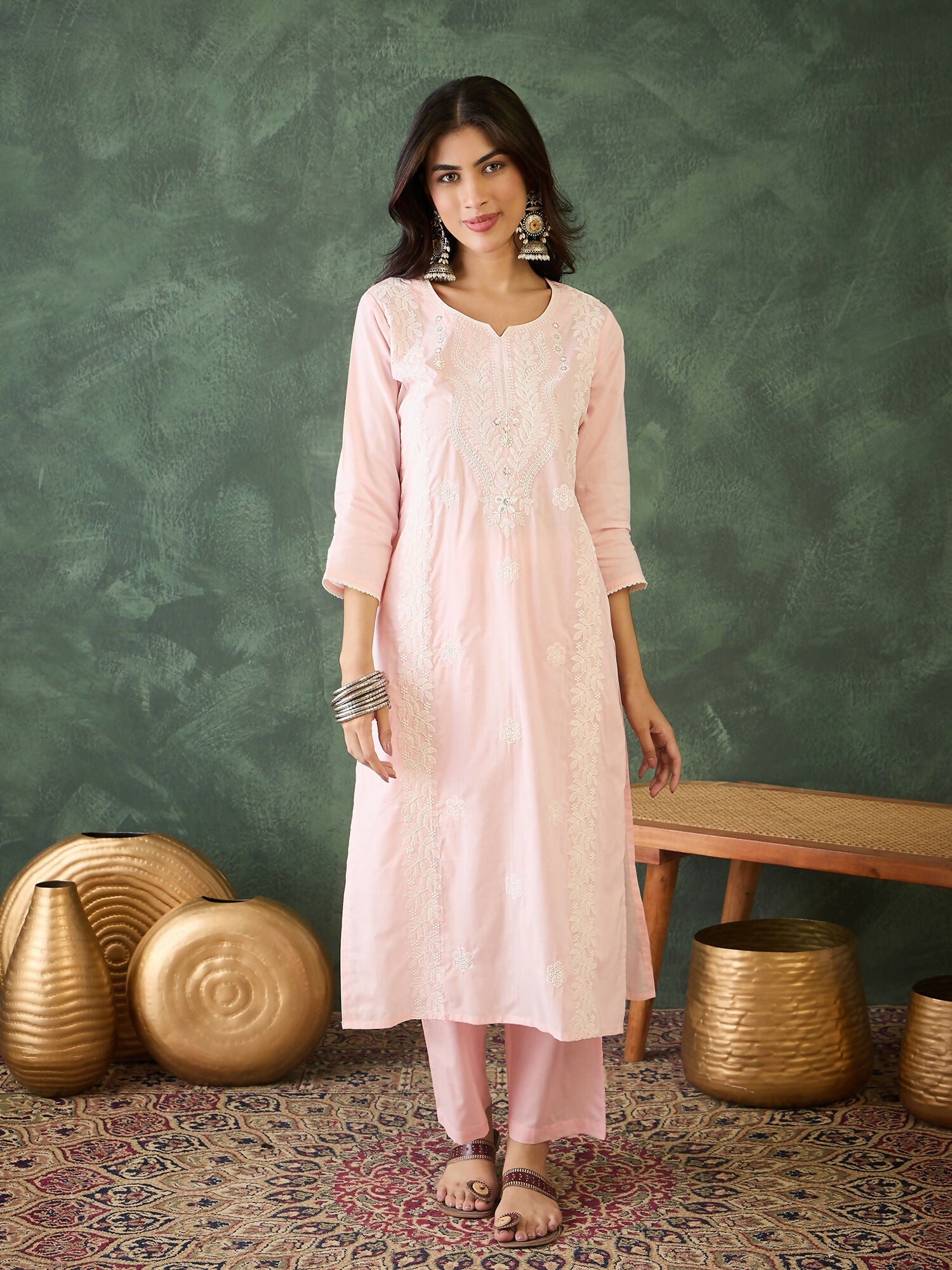 The52 Baby pink Women's Gorgeous Cotton Blend Fabric Thread Work Straight Kurta, Pant and Dupatta Set - Distacart