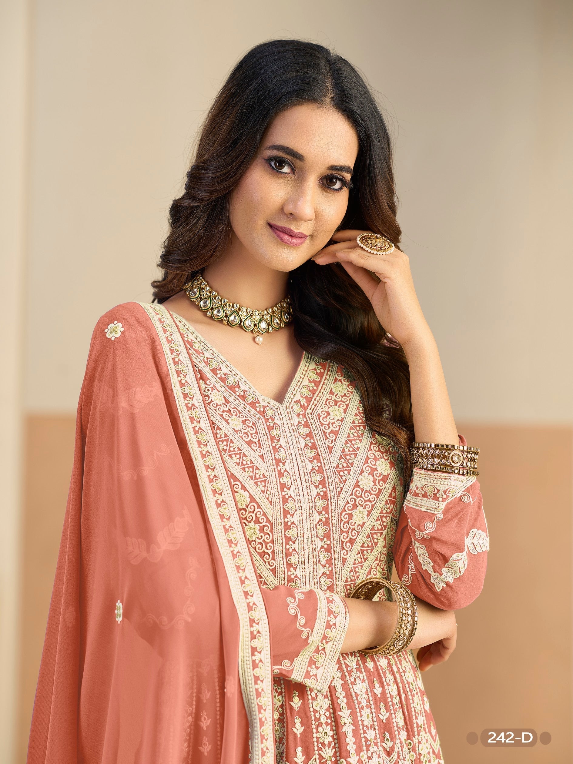 Anaita Light Orange Heavy Embroidered Faux Georgette Anarkali Suit With Salwar - Distacart