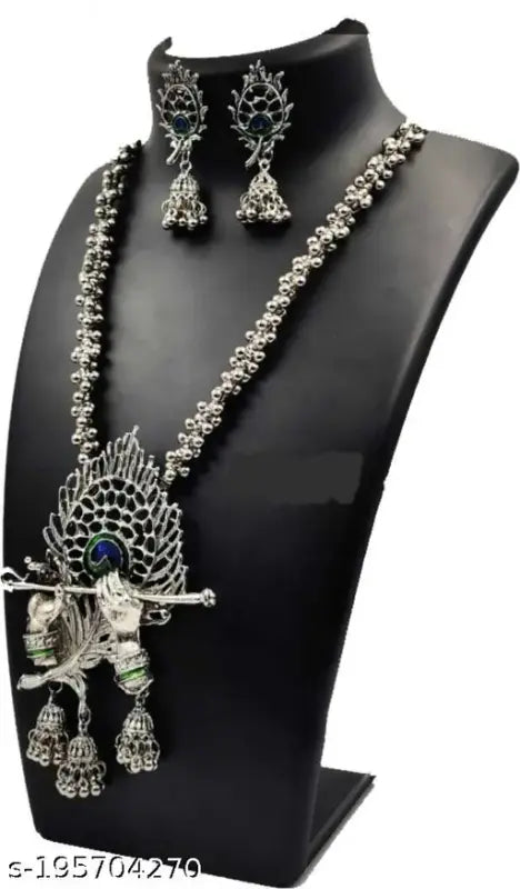 Tehzeeb Creations Women's Silver Colour Oxidised Necklace And Earring Bansuri Design