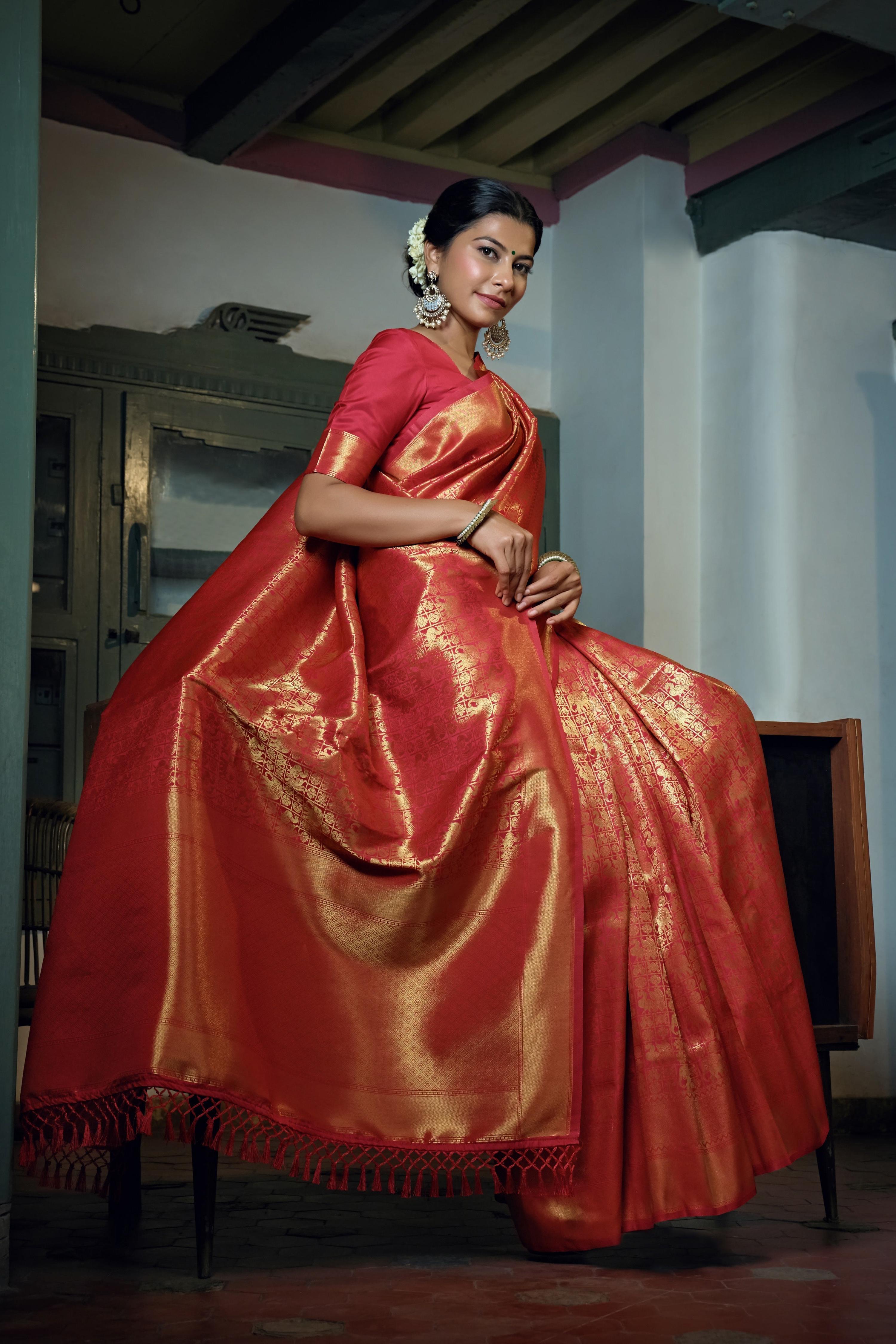 Vardha Rose Red Golden Zari Kanjeevaram Silk Saree