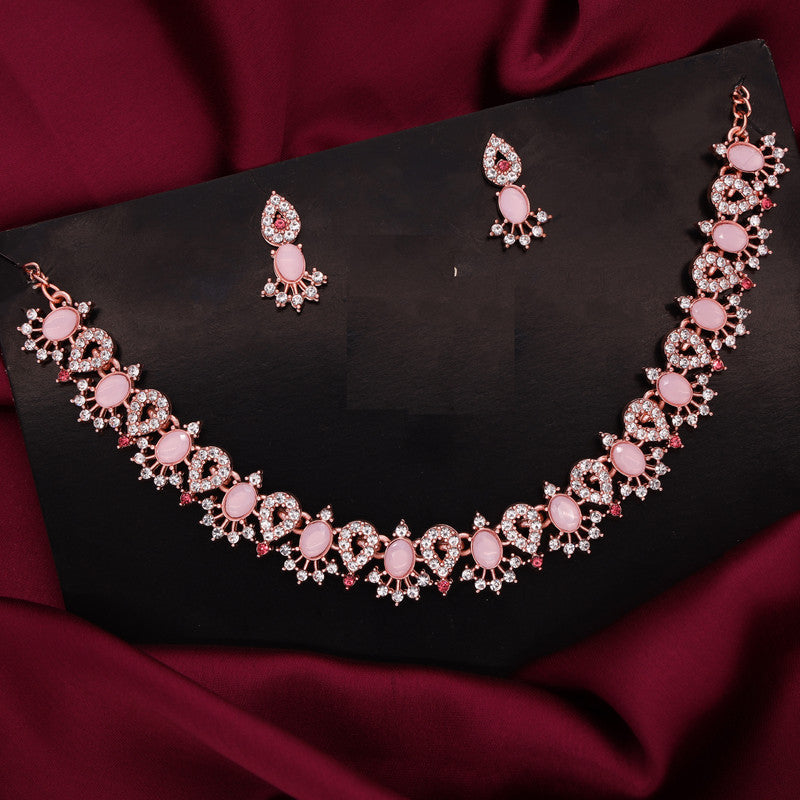 Tehzeeb Creations Baby Pink Colour Ad Studded Necklace Jewellery Set With Matching Earrings For Women And Girls