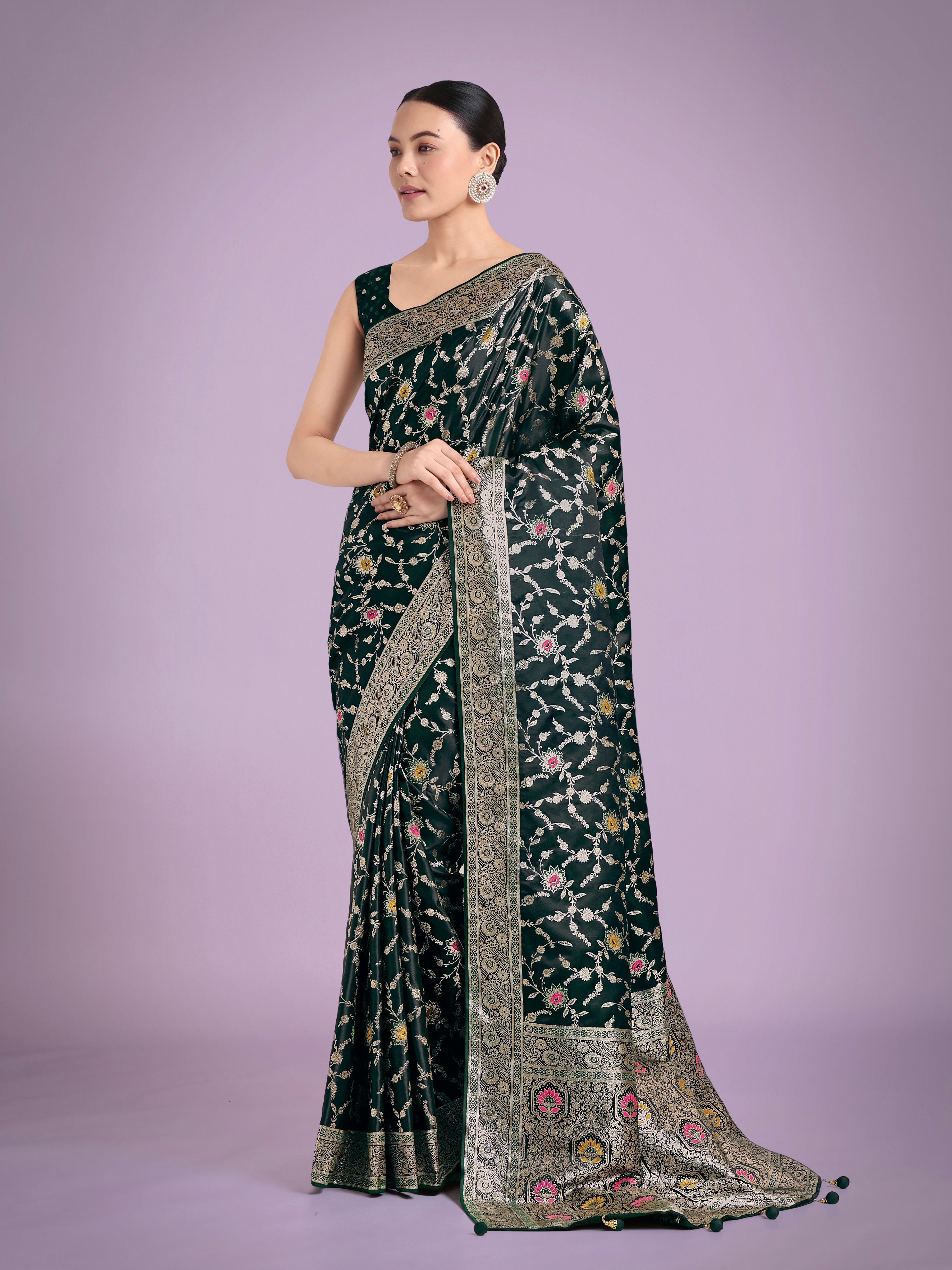 Monjolika Fashion Dark Green Zari Woven Banarasi Classic Satin Silk Saree - Distacart