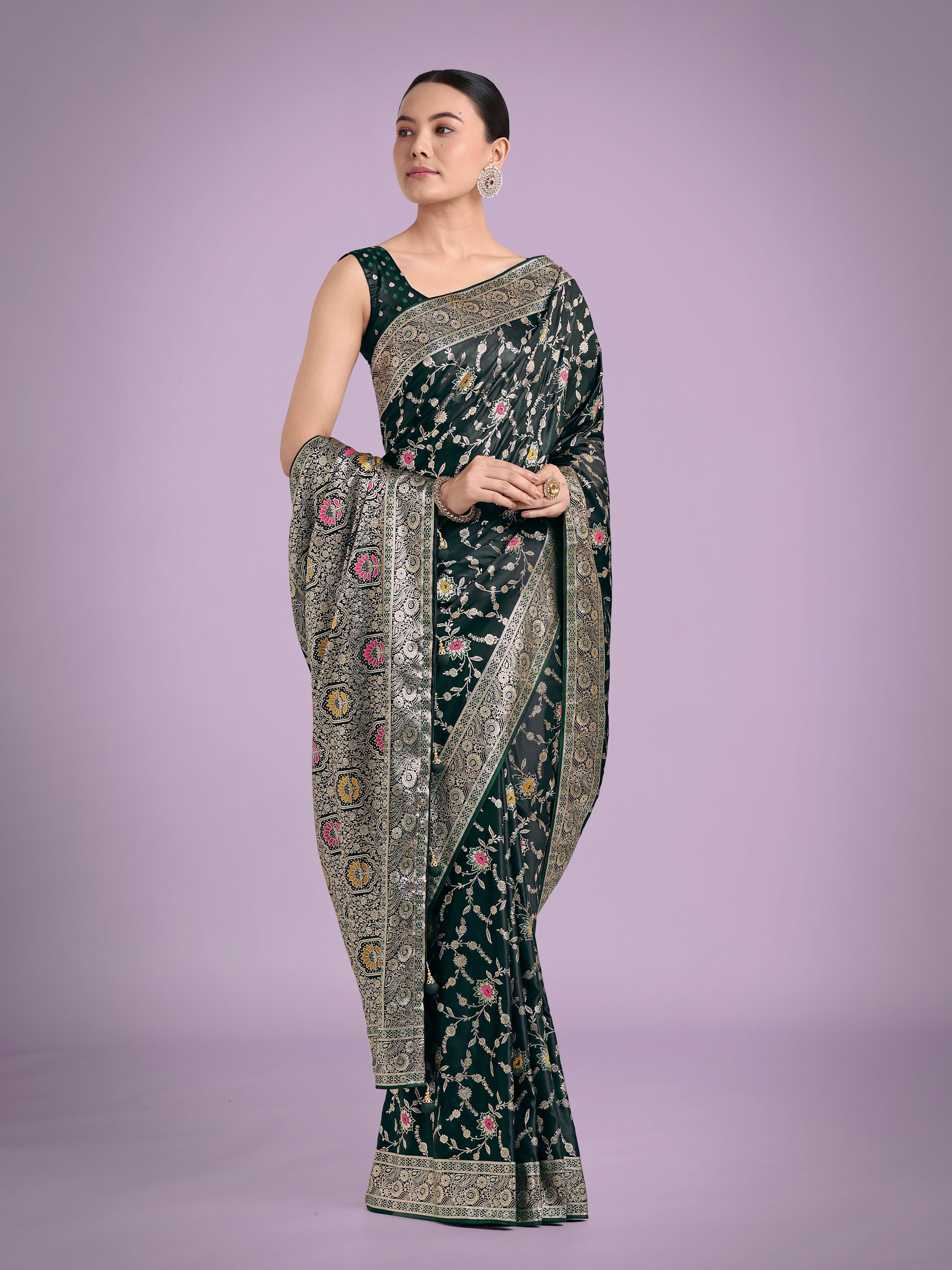 Monjolika Fashion Dark Green Zari Woven Banarasi Classic Satin Silk Saree - Distacart