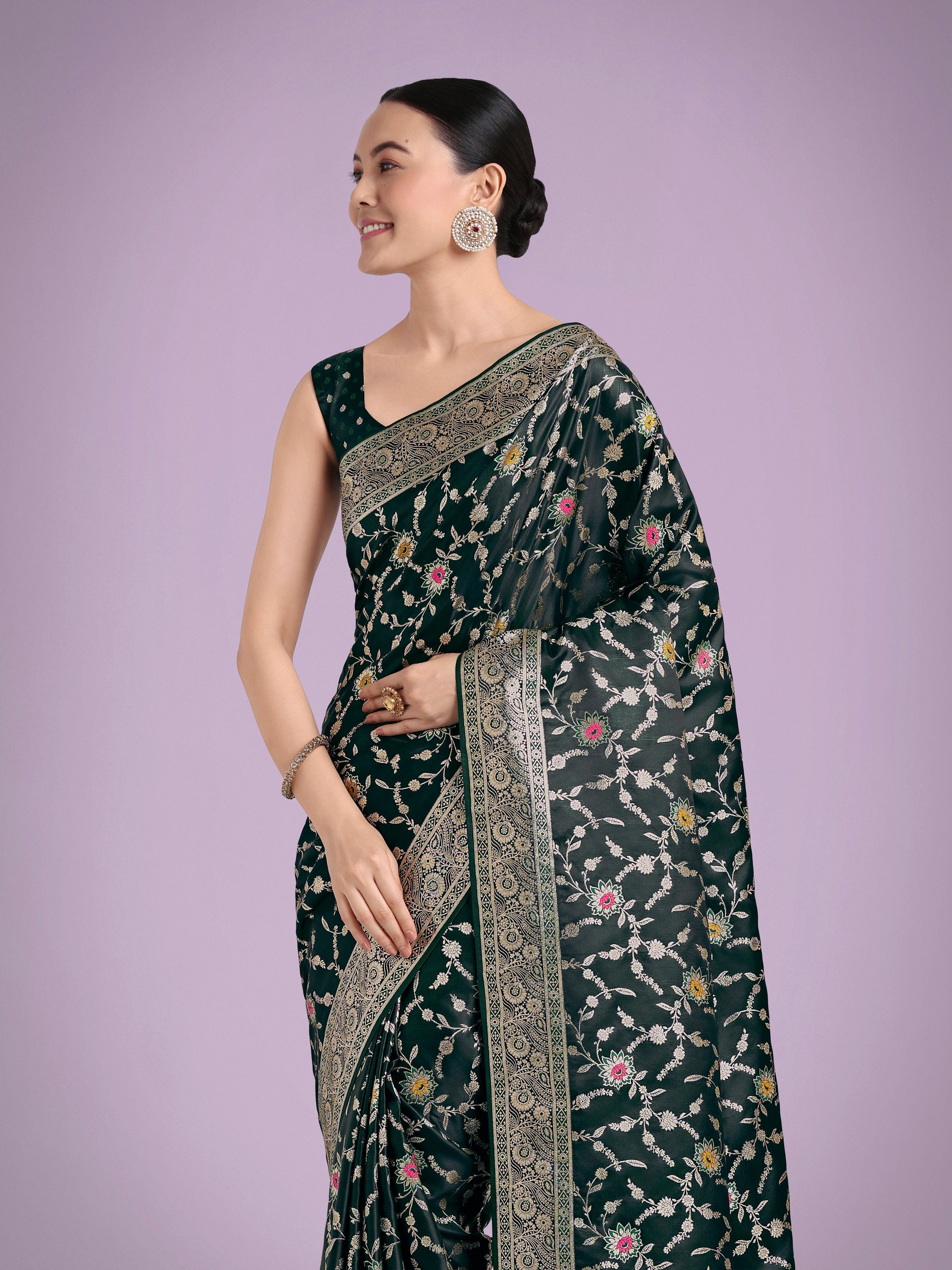 Monjolika Fashion Dark Green Zari Woven Banarasi Classic Satin Silk Saree - Distacart