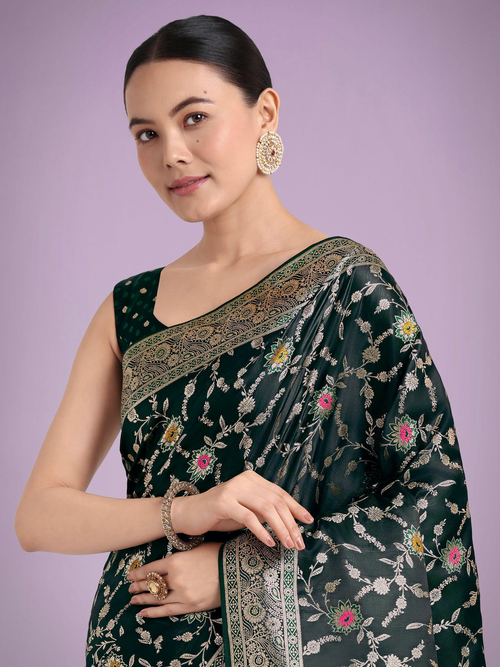 Monjolika Fashion Dark Green Zari Woven Banarasi Classic Satin Silk Saree - Distacart