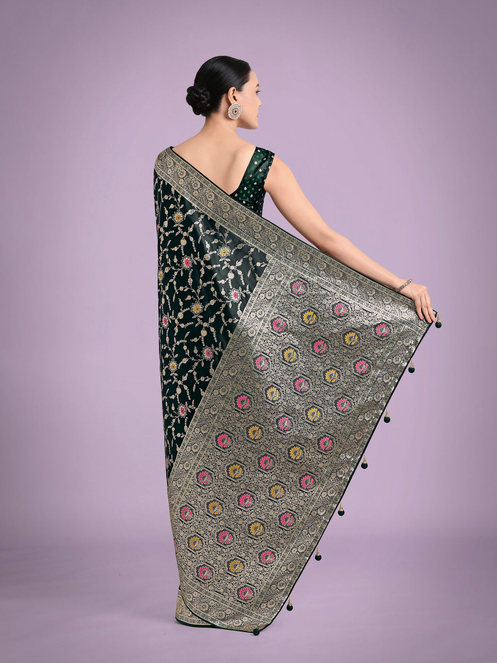 Monjolika Fashion Dark Green Zari Woven Banarasi Classic Satin Silk Saree - Distacart