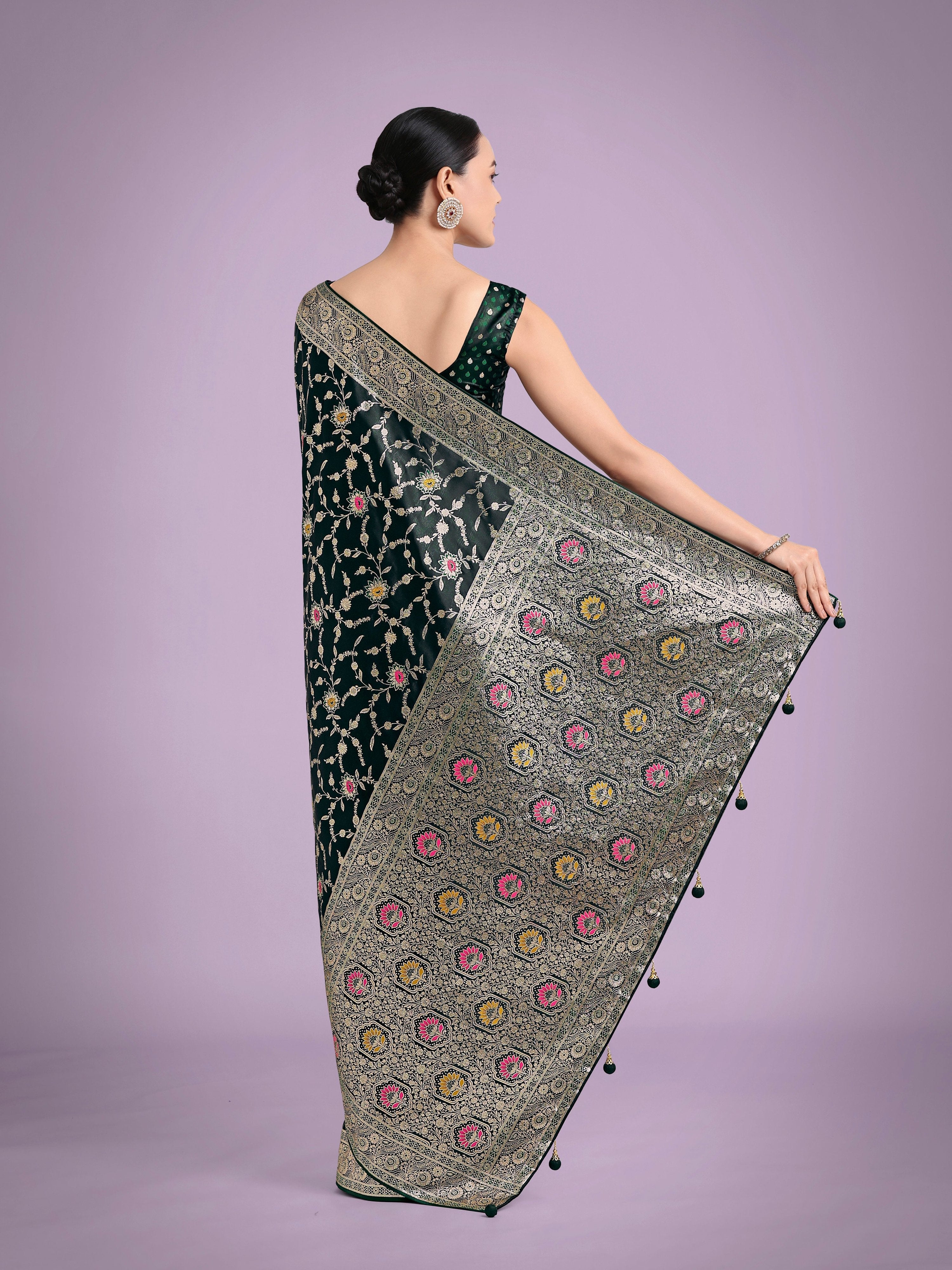Monjolika Fashion Dark Green Zari Woven Banarasi Classic Satin Silk Saree - Distacart