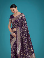 Monjolika Fashion Dark Purple Zari Woven Banarasi Classic Satin Silk Saree