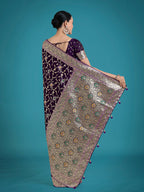 Monjolika Fashion Dark Purple Zari Woven Banarasi Classic Satin Silk Saree